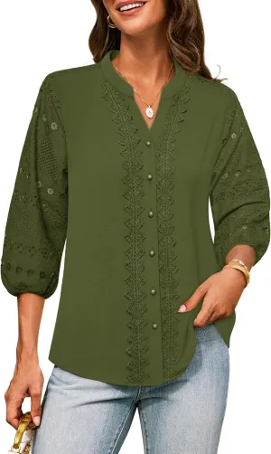 GRACE KARIN Women's Dressy Casual Tops 3/4 Sleeve Business Work Blouses Hollow Out Embroidery Button Down Shirts