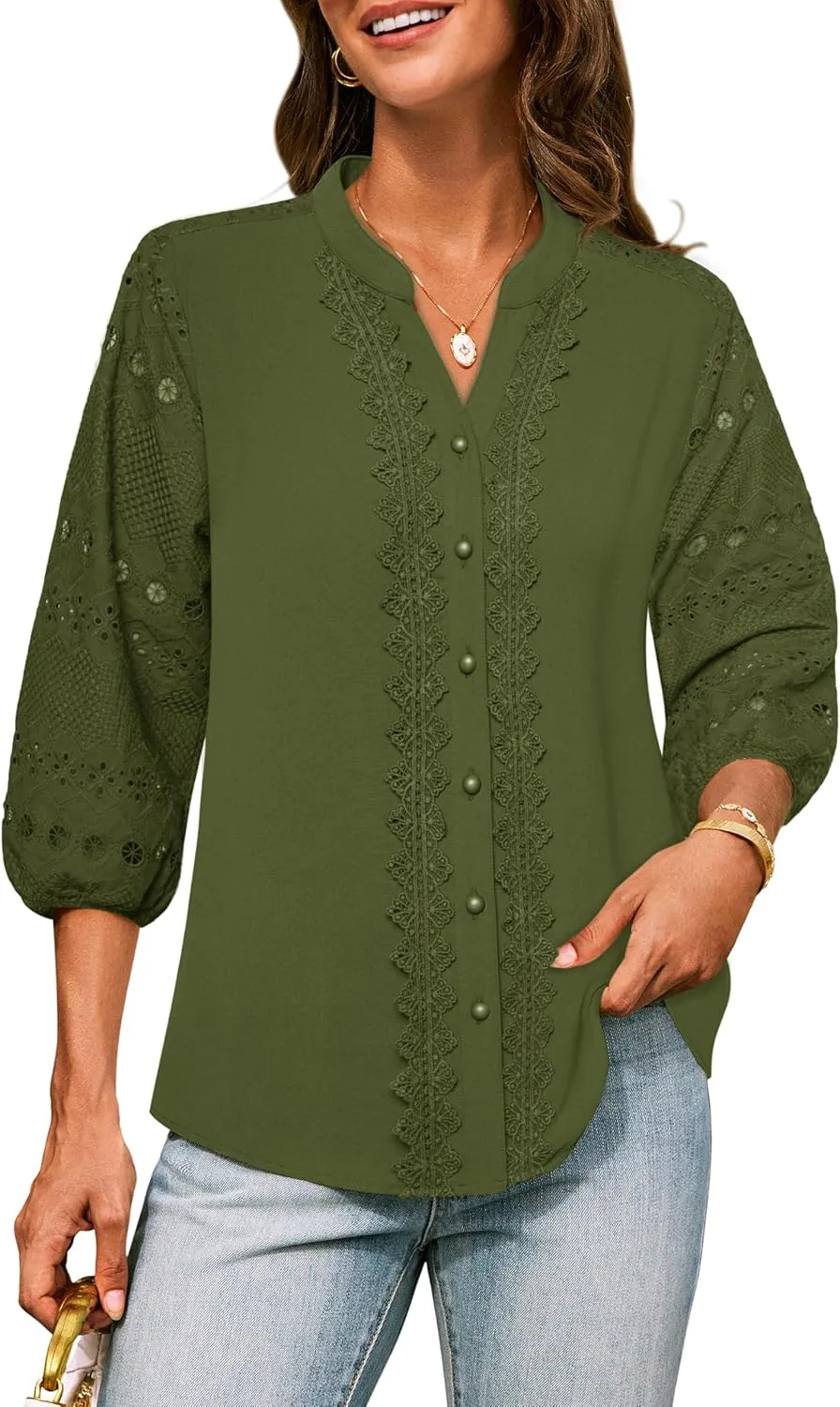 GRACE KARIN Women's Dressy Casual Tops 3/4 Sleeve Business Work Blouses Hollow Out Embroidery Button Down Shirts