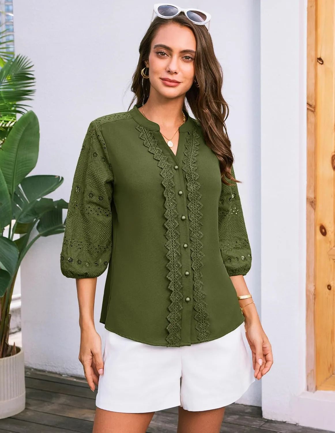 GRACE KARIN Women's Dressy Casual Tops 3/4 Sleeve Business Work Blouses Hollow Out Embroidery Button Down Shirts