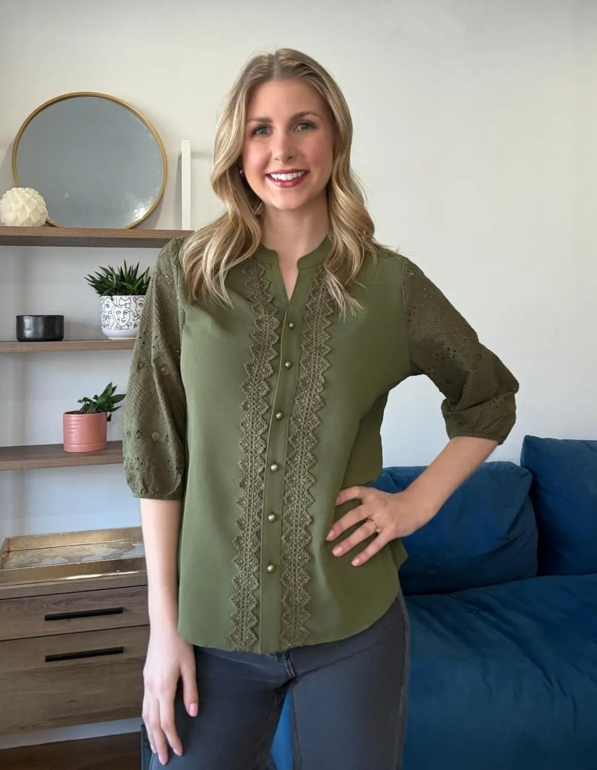 GRACE KARIN Women's Dressy Casual Tops 3/4 Sleeve Business Work Blouses Hollow Out Embroidery Button Down Shirts