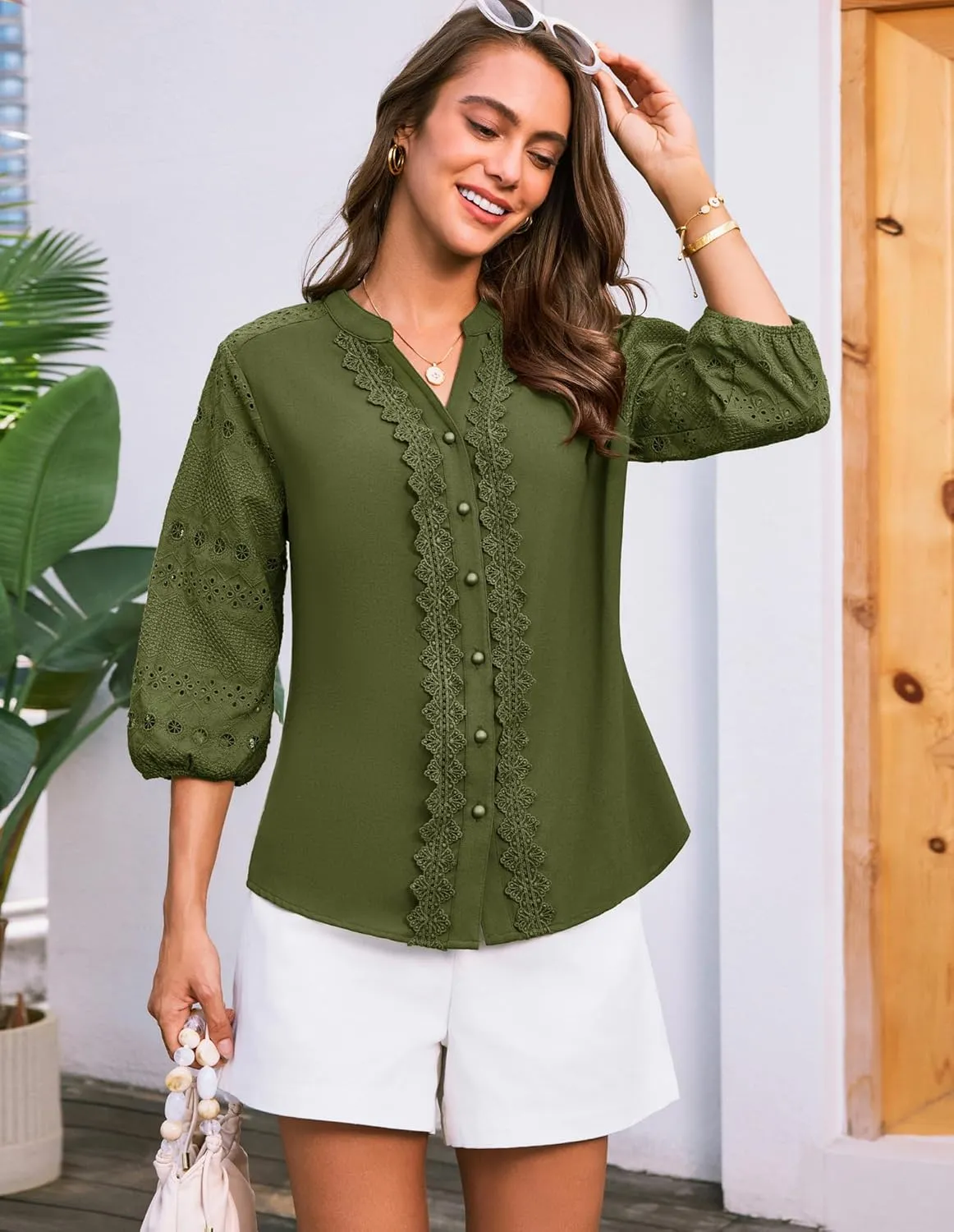 GRACE KARIN Women's Dressy Casual Tops 3/4 Sleeve Business Work Blouses Hollow Out Embroidery Button Down Shirts