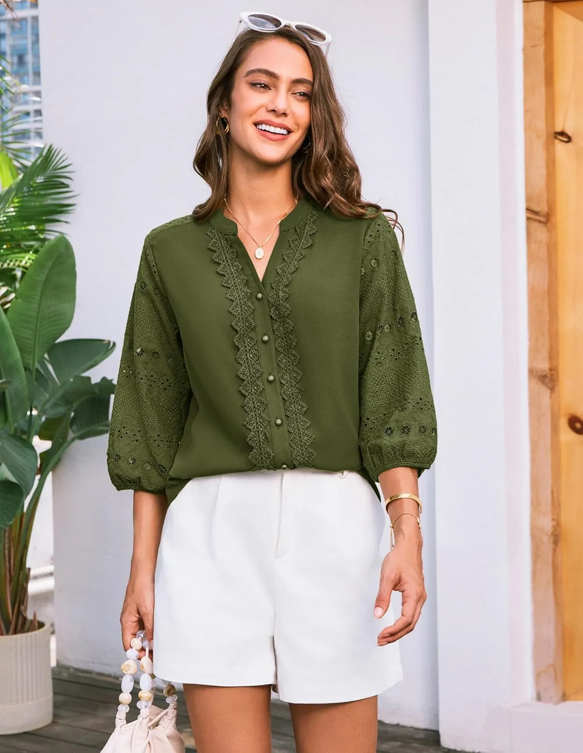 GRACE KARIN Women's Dressy Casual Tops 3/4 Sleeve Business Work Blouses Hollow Out Embroidery Button Down Shirts