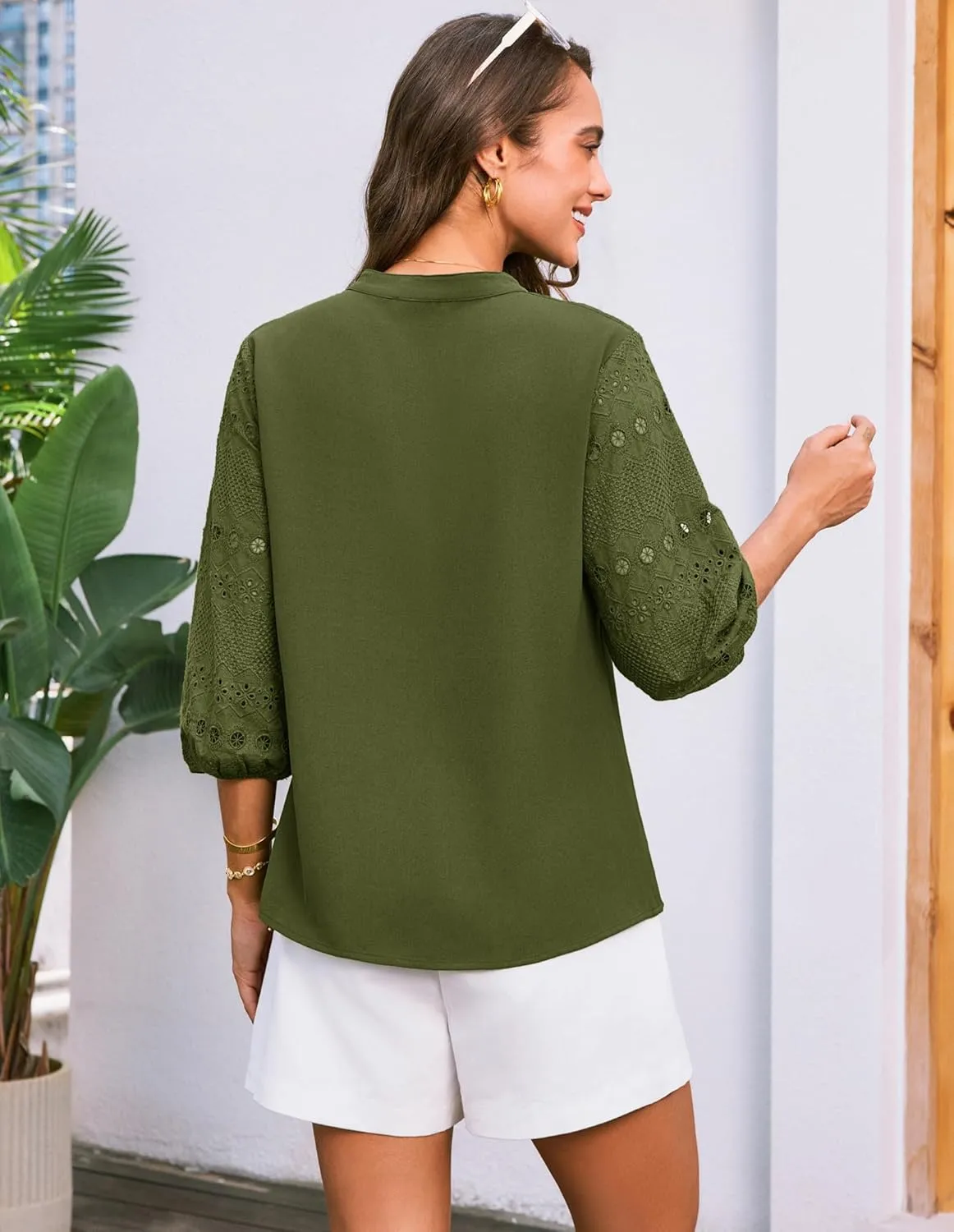 GRACE KARIN Women's Dressy Casual Tops 3/4 Sleeve Business Work Blouses Hollow Out Embroidery Button Down Shirts