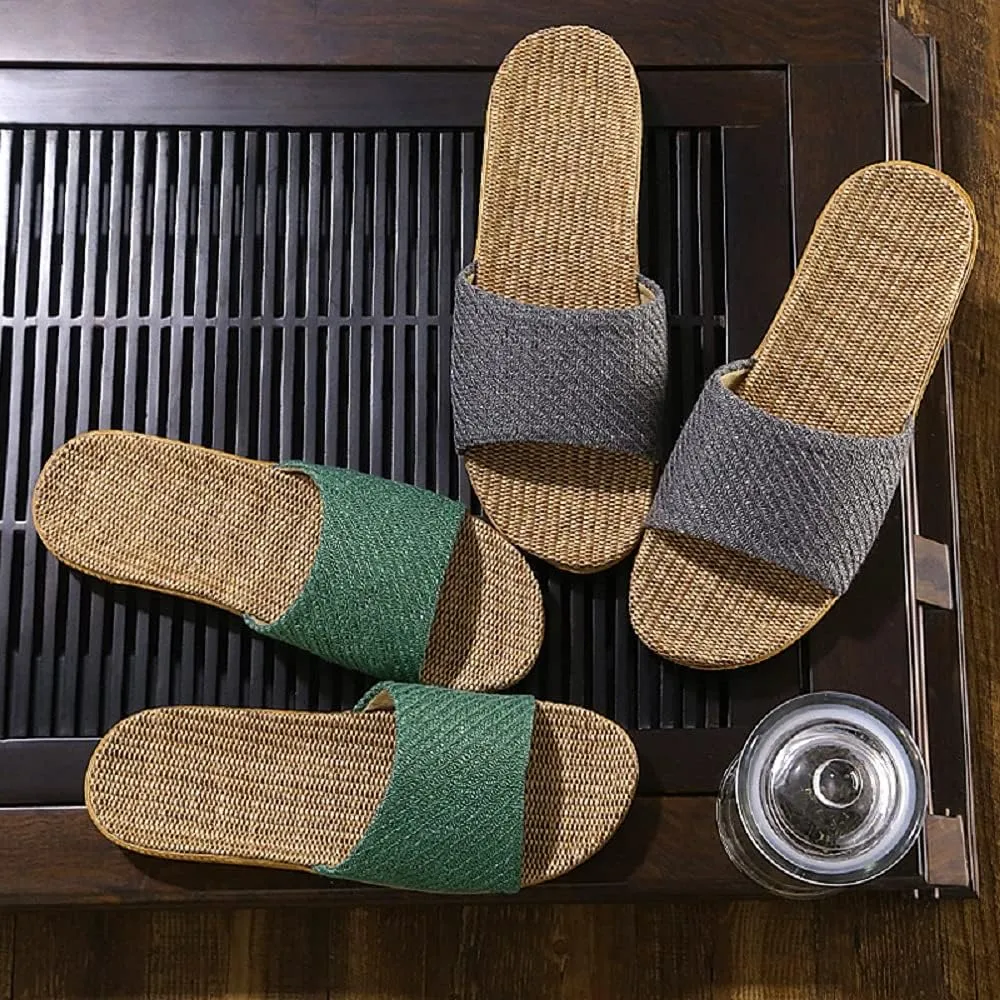 HANDKEI Fashion unisex linen slippers non-slip indoor slippers open toe outdoor beach shoes sandals