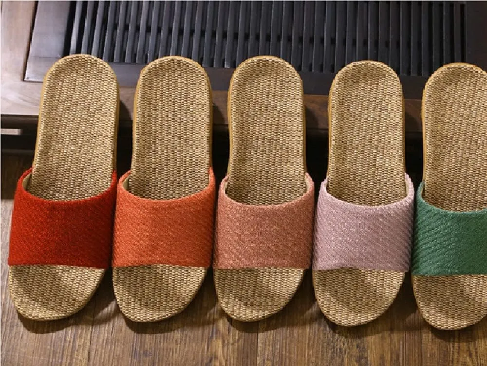 HANDKEI Fashion unisex linen slippers non-slip indoor slippers open toe outdoor beach shoes sandals