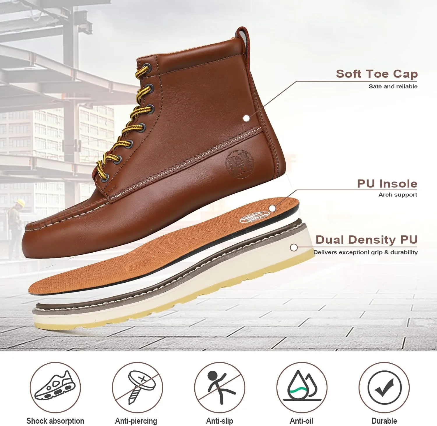 HANDPOINT Men's Classic SureTrack 6" Leather Soft Toe Slip Resistant Durable Breathable Brown Work Boot 84994