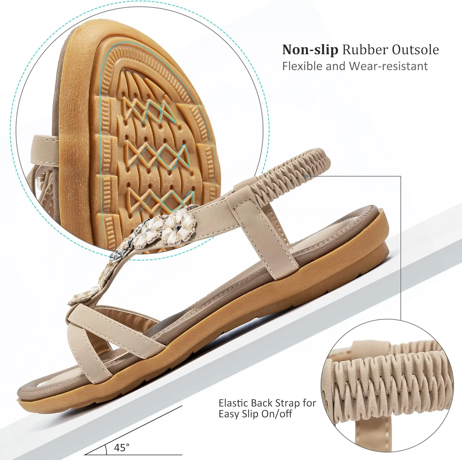 HARENCE Sandals Women Summer Flats: Comfortable Elastic Ankle Strap Dress Flat Shoes Casual Slip on Open Toe Bling Bohemian Beach Sandal