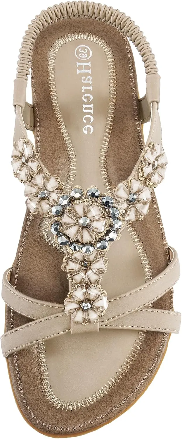 HARENCE Sandals Women Summer Flats: Comfortable Elastic Ankle Strap Dress Flat Shoes Casual Slip on Open Toe Bling Bohemian Beach Sandal