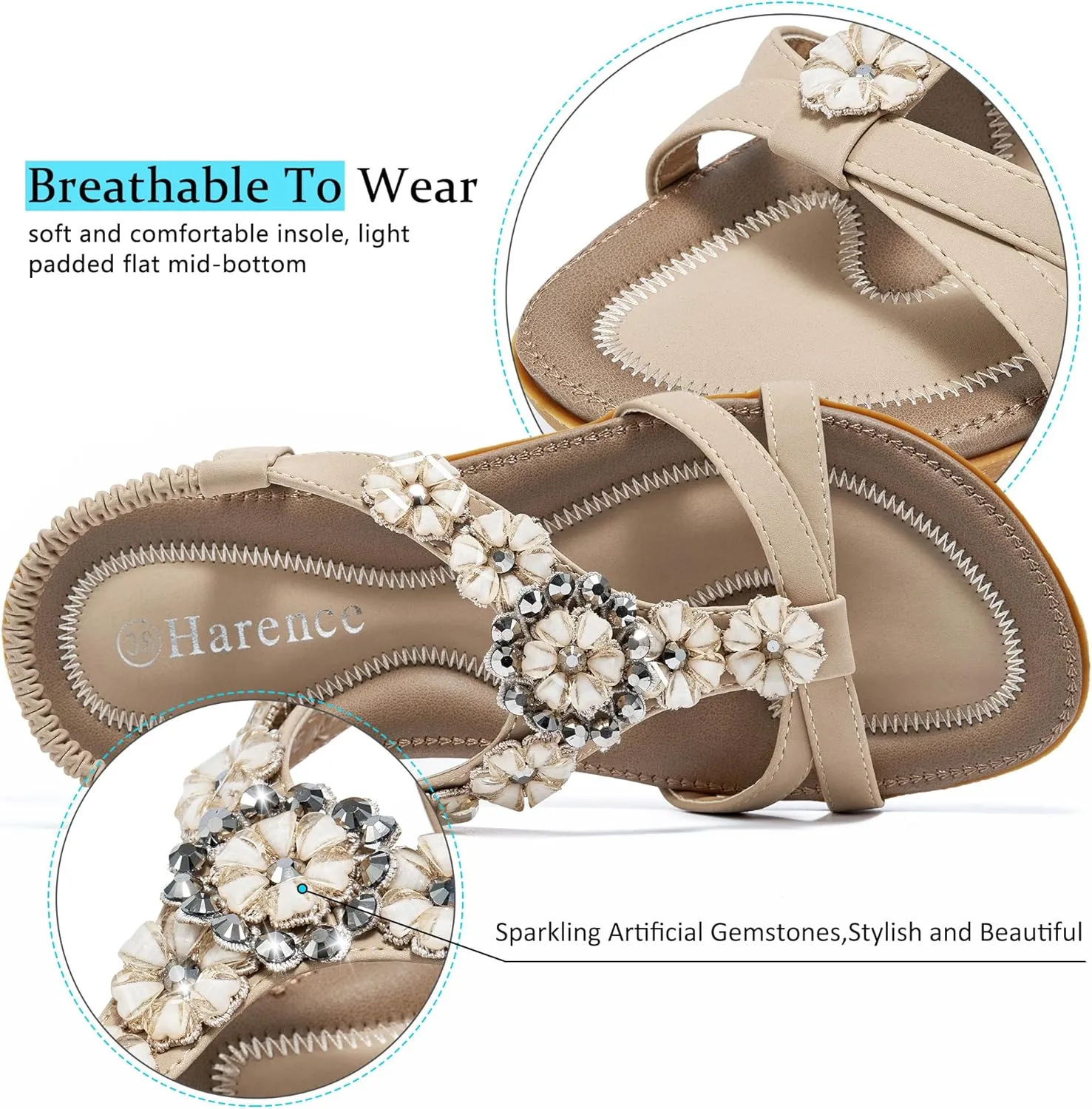 HARENCE Sandals Women Summer Flats: Comfortable Elastic Ankle Strap Dress Flat Shoes Casual Slip on Open Toe Bling Bohemian Beach Sandal