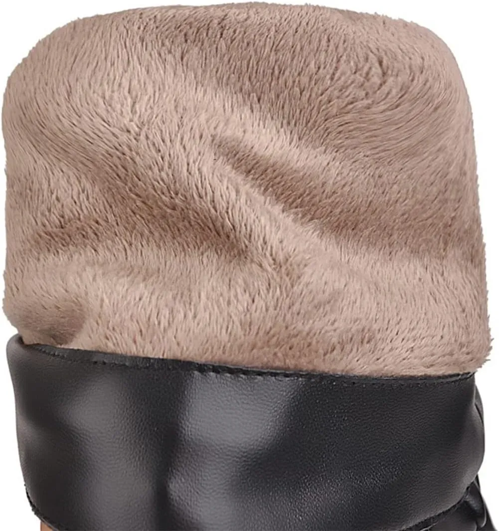 Hello Shero Stacked Chunky High Heel Slouch Boots for Women Pull-on Pointed Toe Winter Knee High Boots Classic Warm Winter Fur Lining Dress Shoes