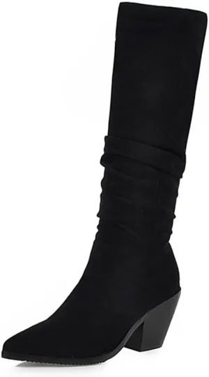 Hello Shero Stacked Chunky High Heel Slouch Boots for Women Pull-on Pointed Toe Winter Knee High Boots Classic Warm Winter Fur Lining Dress Shoes