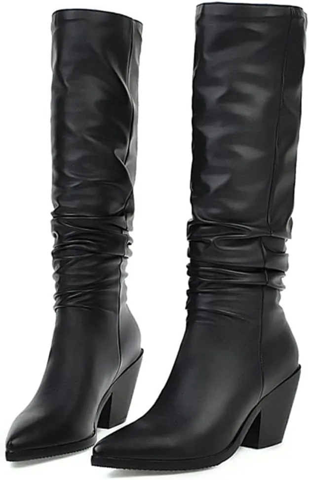 Hello Shero Stacked Chunky High Heel Slouch Boots for Women Pull-on Pointed Toe Winter Knee High Boots Classic Warm Winter Fur Lining Dress Shoes