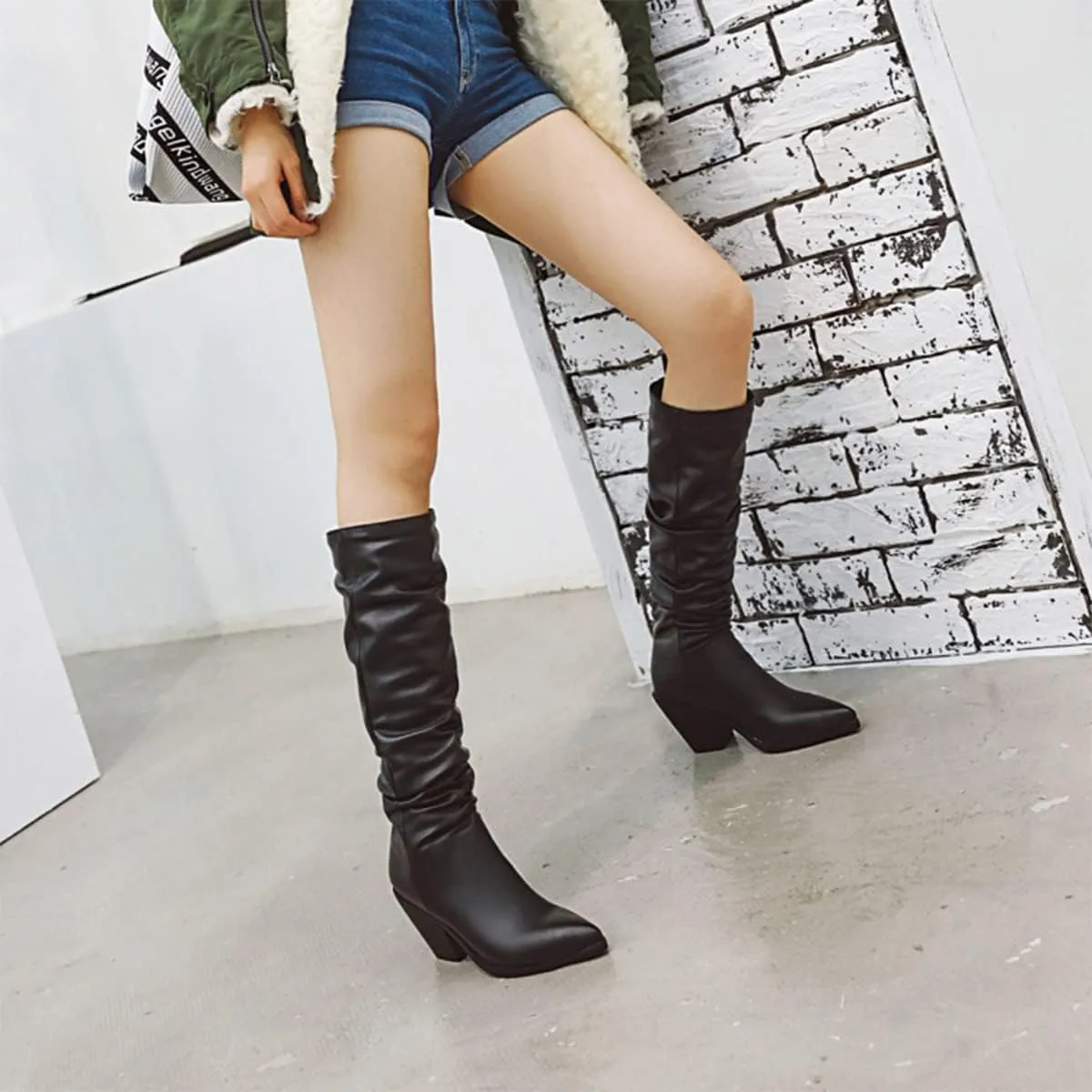 Hello Shero Stacked Chunky High Heel Slouch Boots for Women Pull-on Pointed Toe Winter Knee High Boots Classic Warm Winter Fur Lining Dress Shoes
