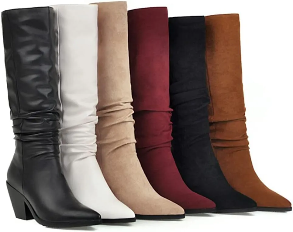 Hello Shero Stacked Chunky High Heel Slouch Boots for Women Pull-on Pointed Toe Winter Knee High Boots Classic Warm Winter Fur Lining Dress Shoes