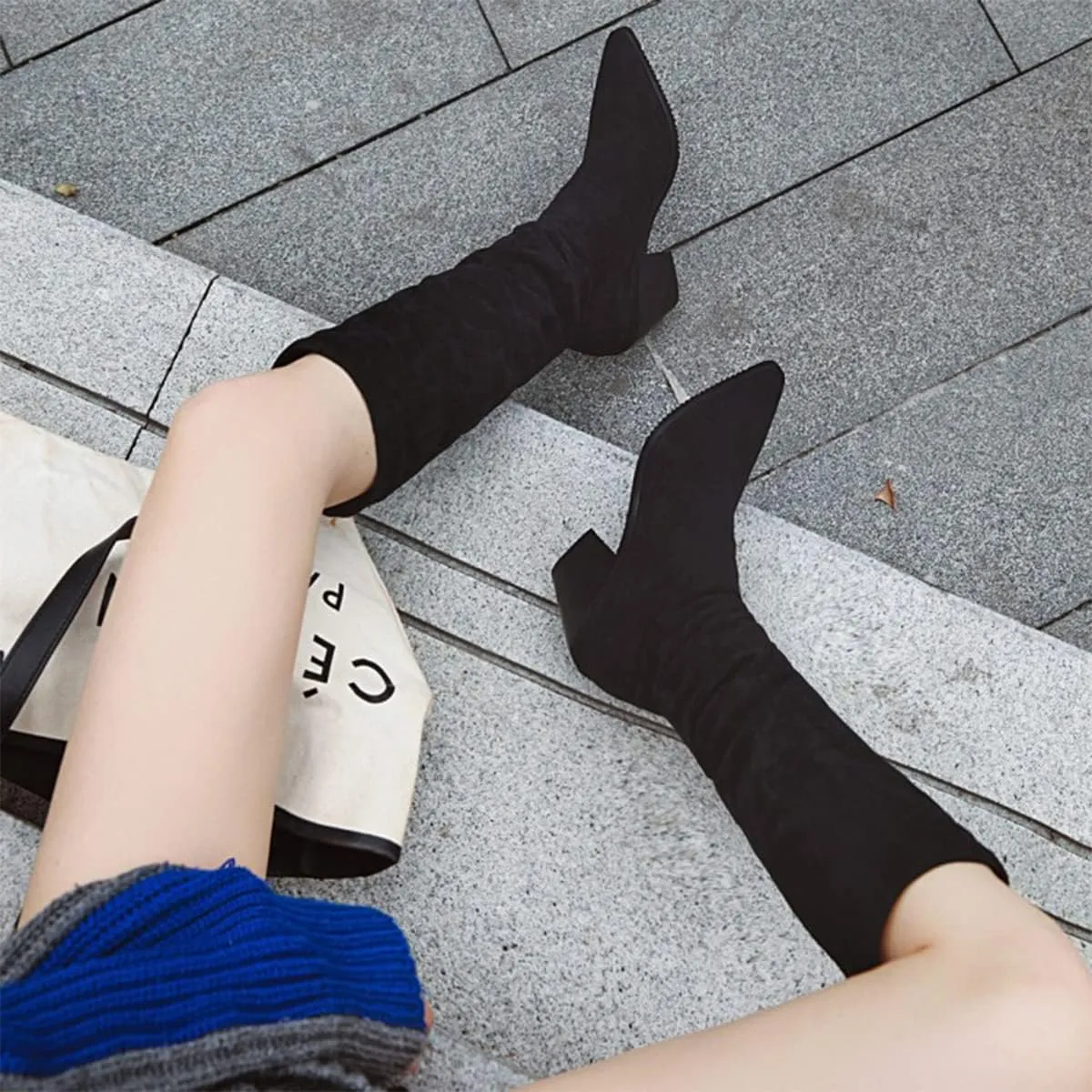 Hello Shero Stacked Chunky High Heel Slouch Boots for Women Pull-on Pointed Toe Winter Knee High Boots Classic Warm Winter Fur Lining Dress Shoes