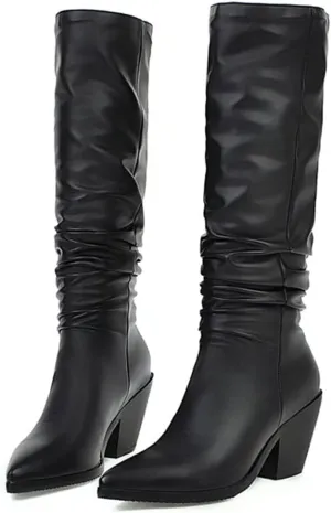 Hello Shero Stacked Chunky High Heel Slouch Boots for Women Pull-on Pointed Toe Winter Knee High Boots Classic Warm Winter Fur Lining Dress Shoes