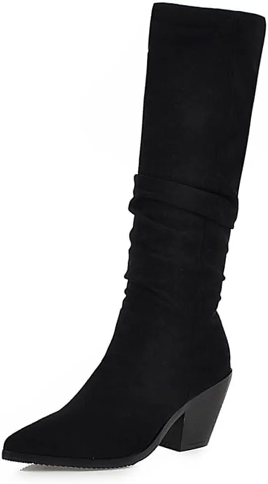 Hello Shero Stacked Chunky High Heel Slouch Boots for Women Pull-on Pointed Toe Winter Knee High Boots Classic Warm Winter Fur Lining Dress Shoes