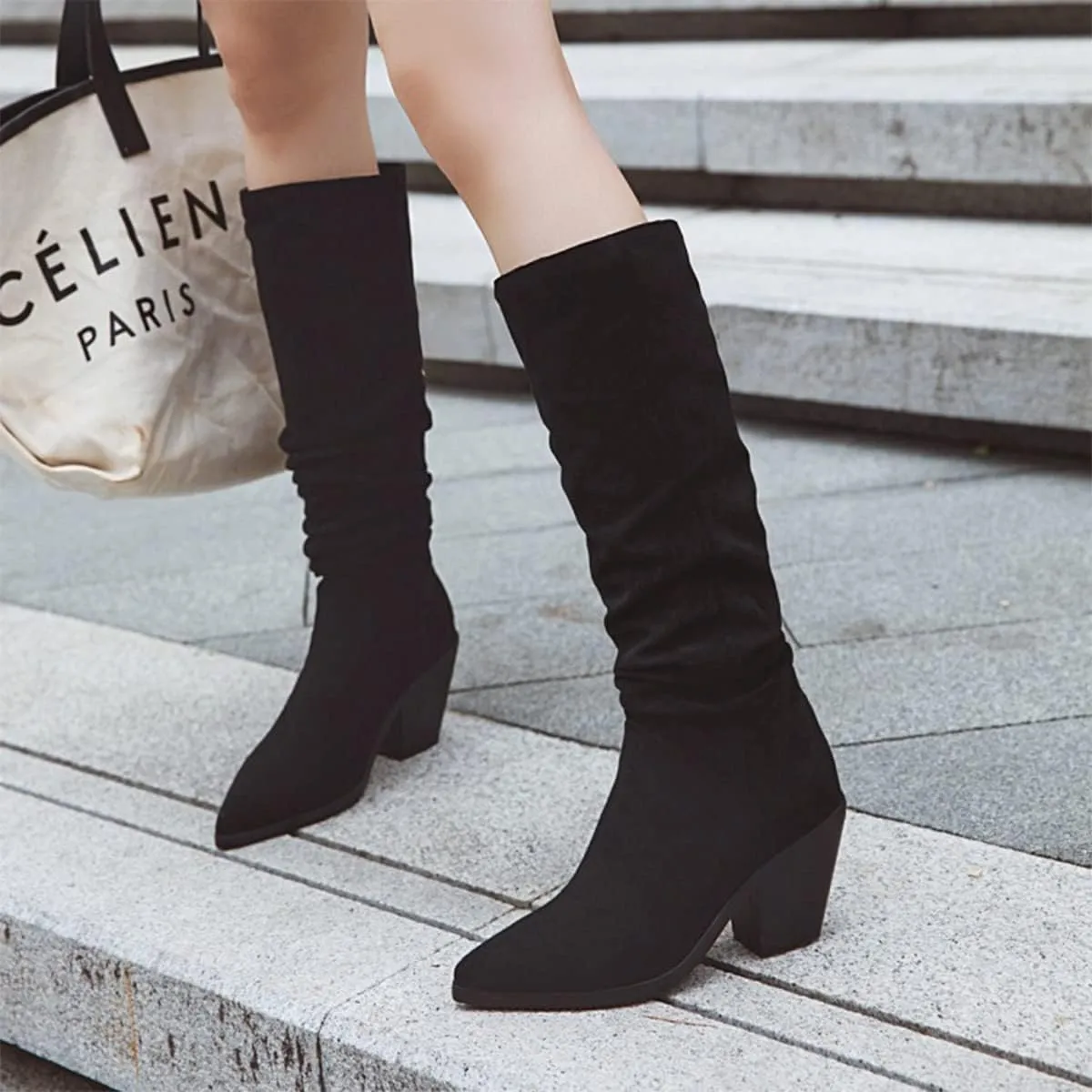 Hello Shero Stacked Chunky High Heel Slouch Boots for Women Pull-on Pointed Toe Winter Knee High Boots Classic Warm Winter Fur Lining Dress Shoes