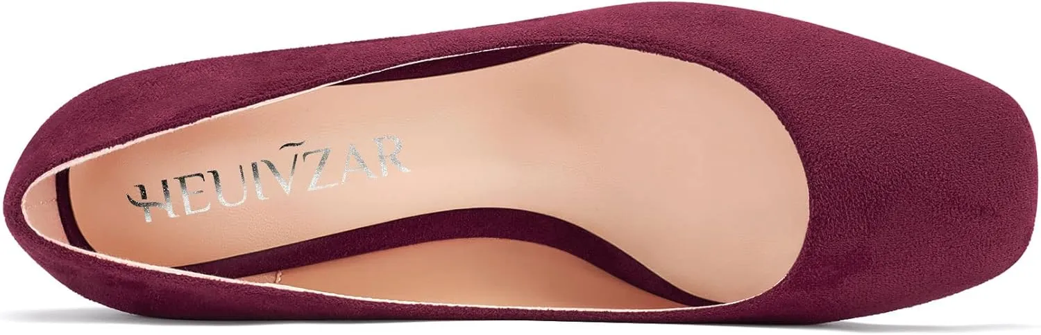 HEUIVZAR Pumps for Women Slip-on Closed Square Toe Block Chunky Wedge Low Heel Pumps Suede Shopping Vacation Classic 2 Inch