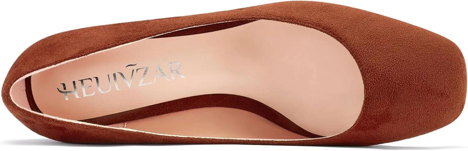 HEUIVZAR Pumps for Women Slip-on Closed Square Toe Block Chunky Wedge Low Heel Pumps Suede Shopping Vacation Classic 2 Inch