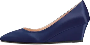 HEUIVZAR Women Wedge Pumps Pointed Toe Block Chunky Mid Low Heel Slip-on Dress Shoes Classic Satin 2 Inch