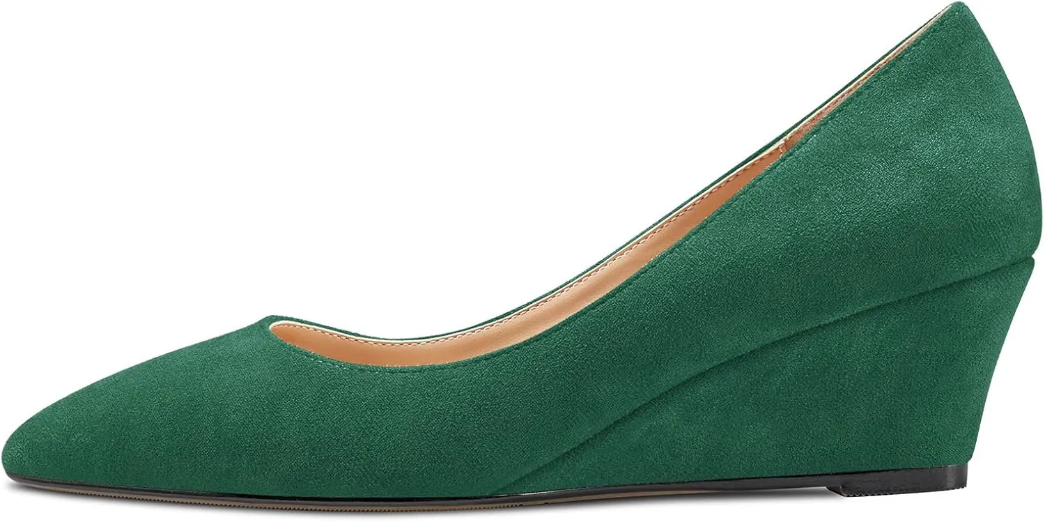 HEUIVZAR Women Wedge Pumps Pointed Toe Block Chunky Mid Low Heel Slip-on Dress Shoes Classic Suede 2 Inch