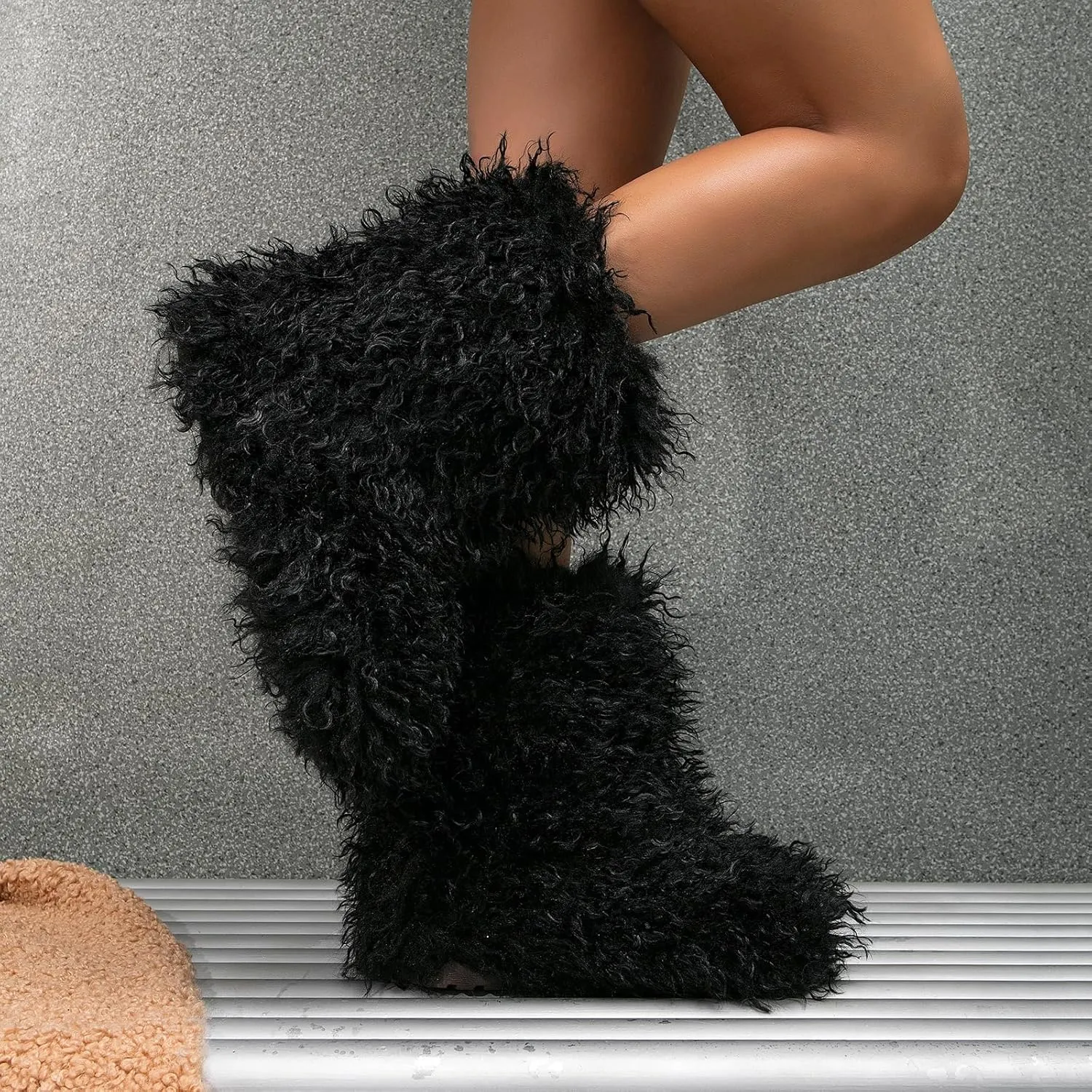 HINDOLA Womens Faux Fur Boots Plush Warm Snow Boots Fuzzy Fluffy Furry Round Toe Suede Boots Comfortable Winter Ankle Booties Anti Slip Outdoor Indoor Flat Shoes