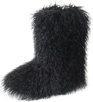 HINDOLA Womens Faux Fur Boots Plush Warm Snow Boots Fuzzy Fluffy Furry Round Toe Suede Boots Comfortable Winter Ankle Booties Anti Slip Outdoor Indoor Flat Shoes