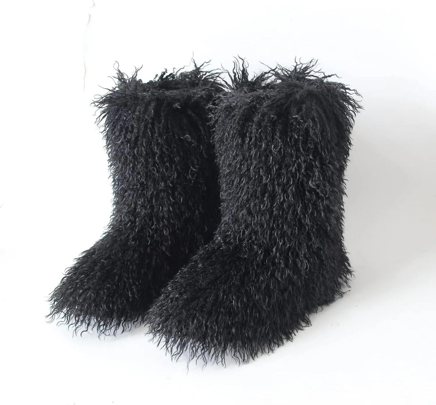 HINDOLA Womens Faux Fur Boots Plush Warm Snow Boots Fuzzy Fluffy Furry Round Toe Suede Boots Comfortable Winter Ankle Booties Anti Slip Outdoor Indoor Flat Shoes
