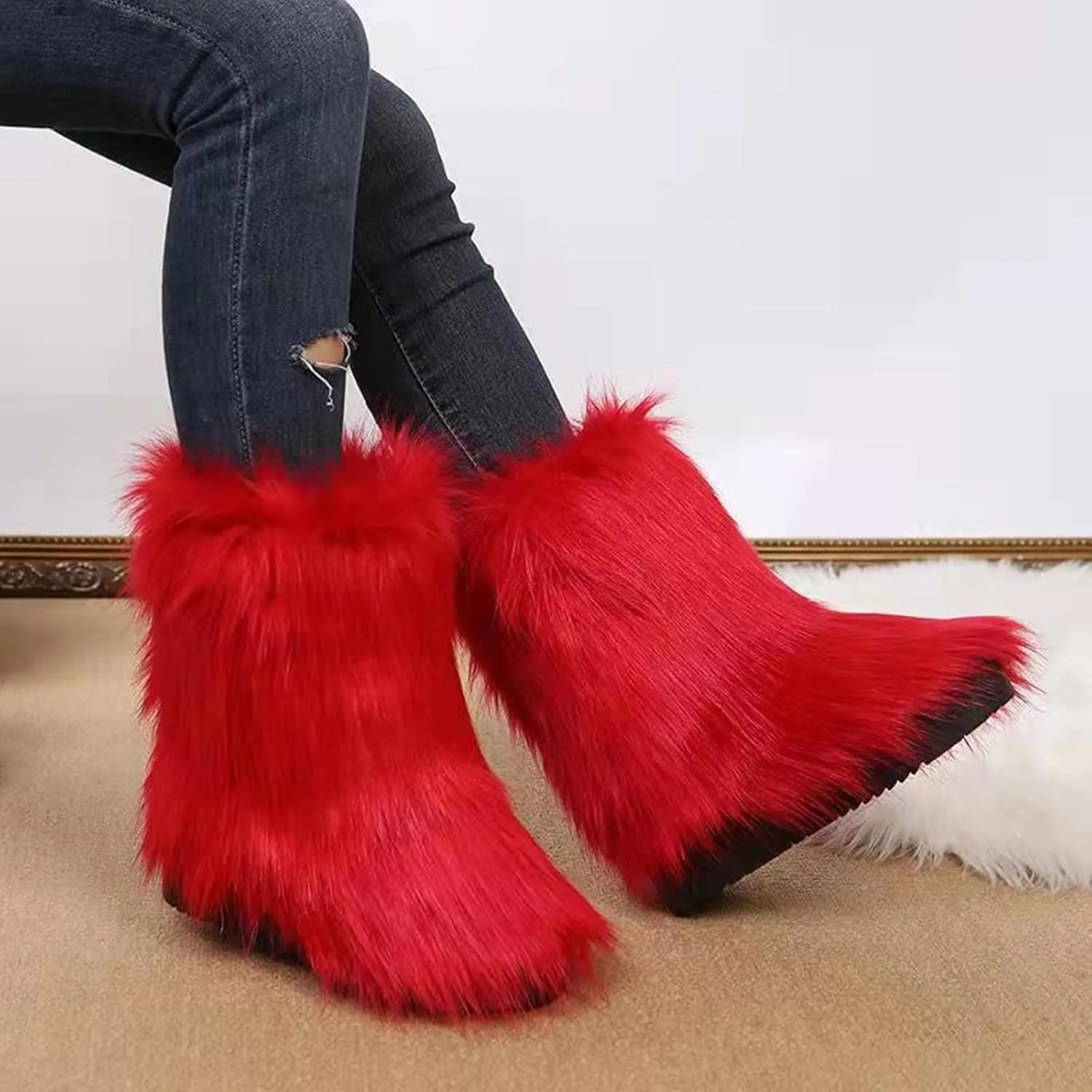 HINDOLA Womens Faux Fur Boots Snow Warm Fashion Fluffy Short Boots Comfortable Winter Ankle Booties Anti Slip Outdoor Indoor Flat Shoes Mid-Calf Boots