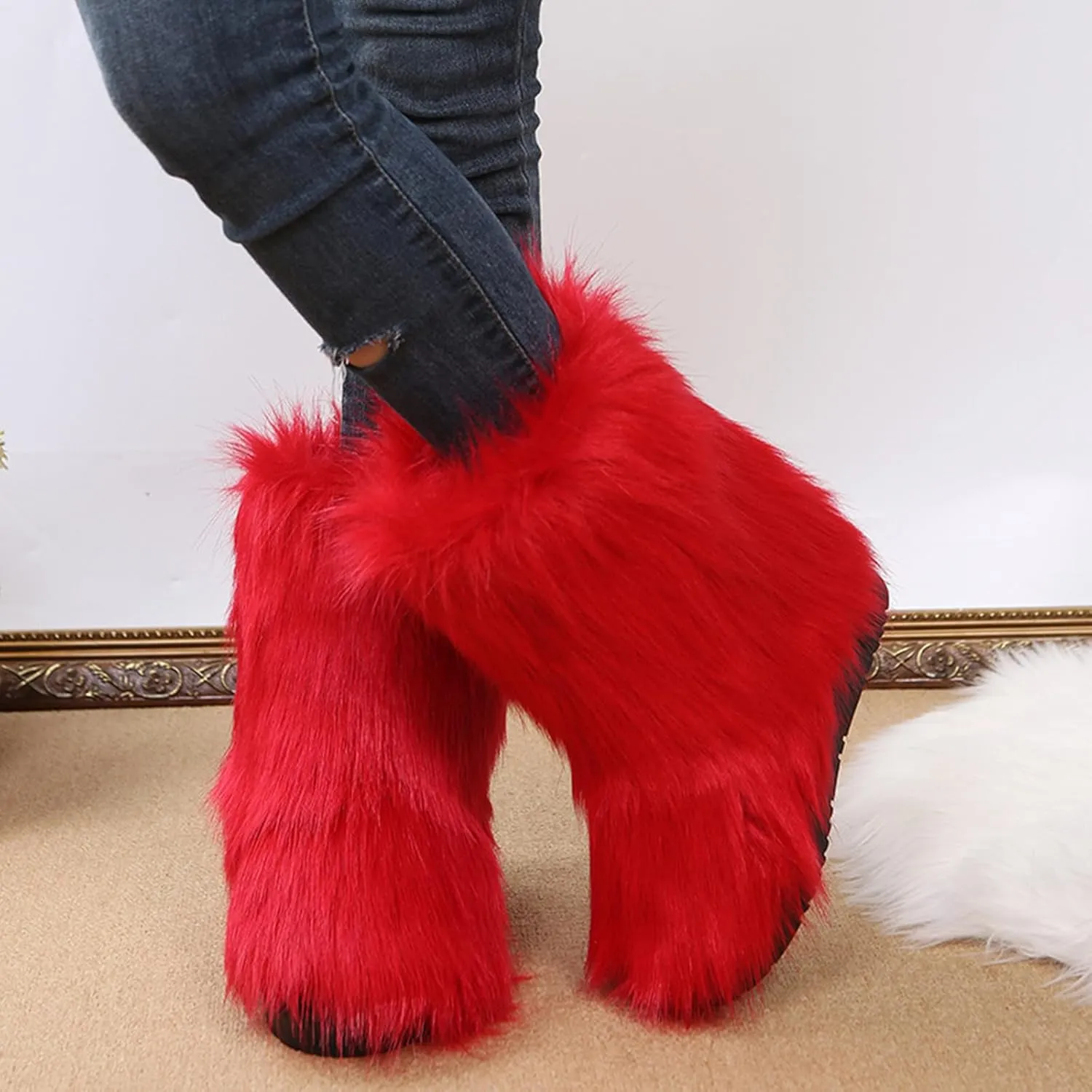 HINDOLA Womens Faux Fur Boots Snow Warm Fashion Fluffy Short Boots Comfortable Winter Ankle Booties Anti Slip Outdoor Indoor Flat Shoes Mid-Calf Boots