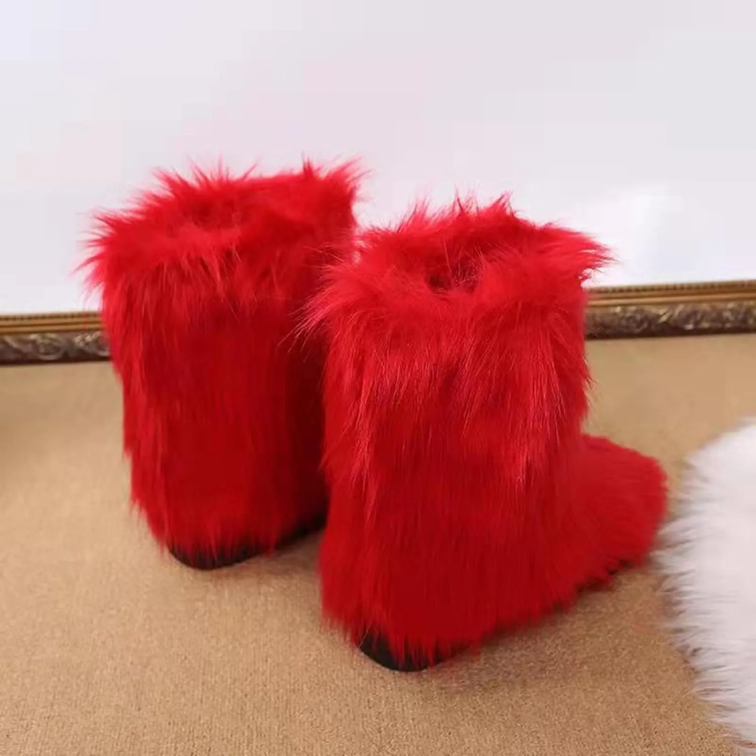 HINDOLA Womens Faux Fur Boots Snow Warm Fashion Fluffy Short Boots Comfortable Winter Ankle Booties Anti Slip Outdoor Indoor Flat Shoes Mid-Calf Boots