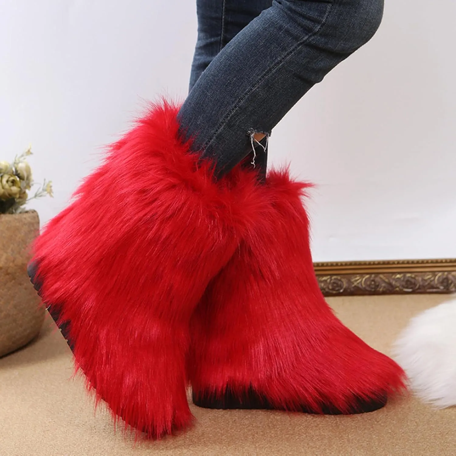 HINDOLA Womens Faux Fur Boots Snow Warm Fashion Fluffy Short Boots Comfortable Winter Ankle Booties Anti Slip Outdoor Indoor Flat Shoes Mid-Calf Boots