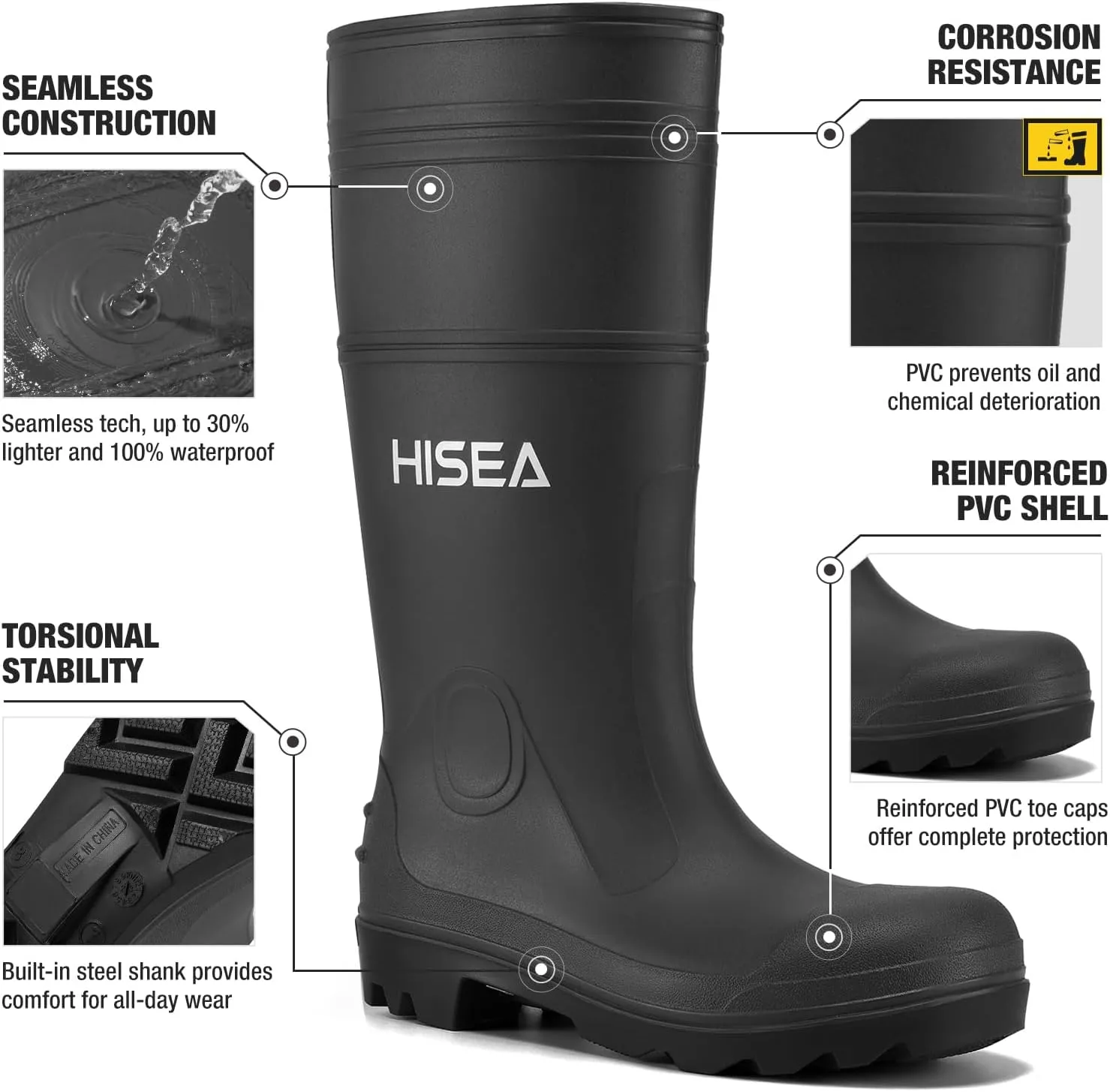 HISEA Men's Rain Boots Waterproof Rubber Boots with Steel Shank Seamless PVC Rainboots Outdoor Work Boots Durable Slip Resistant Fishing Gardening Knee Boot for Agriculture and Industrial Working