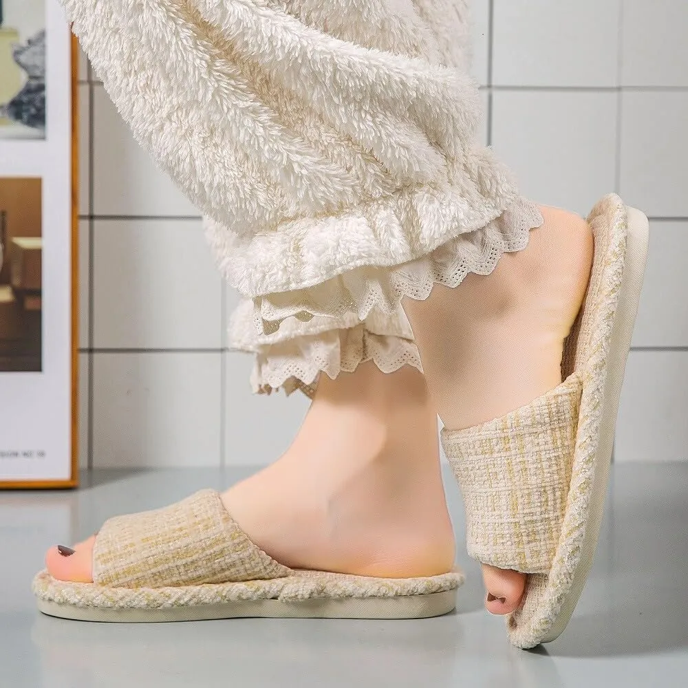House Slippers Indoor Cotton Flax Slippers, Women's and Men's Casual Soft Non-slip Open Toed Mute Slippers