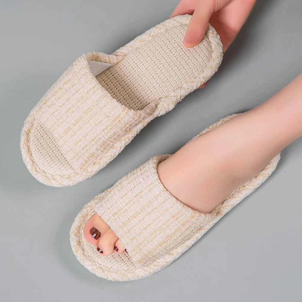 House Slippers Indoor Cotton Flax Slippers, Women's and Men's Casual Soft Non-slip Open Toed Mute Slippers