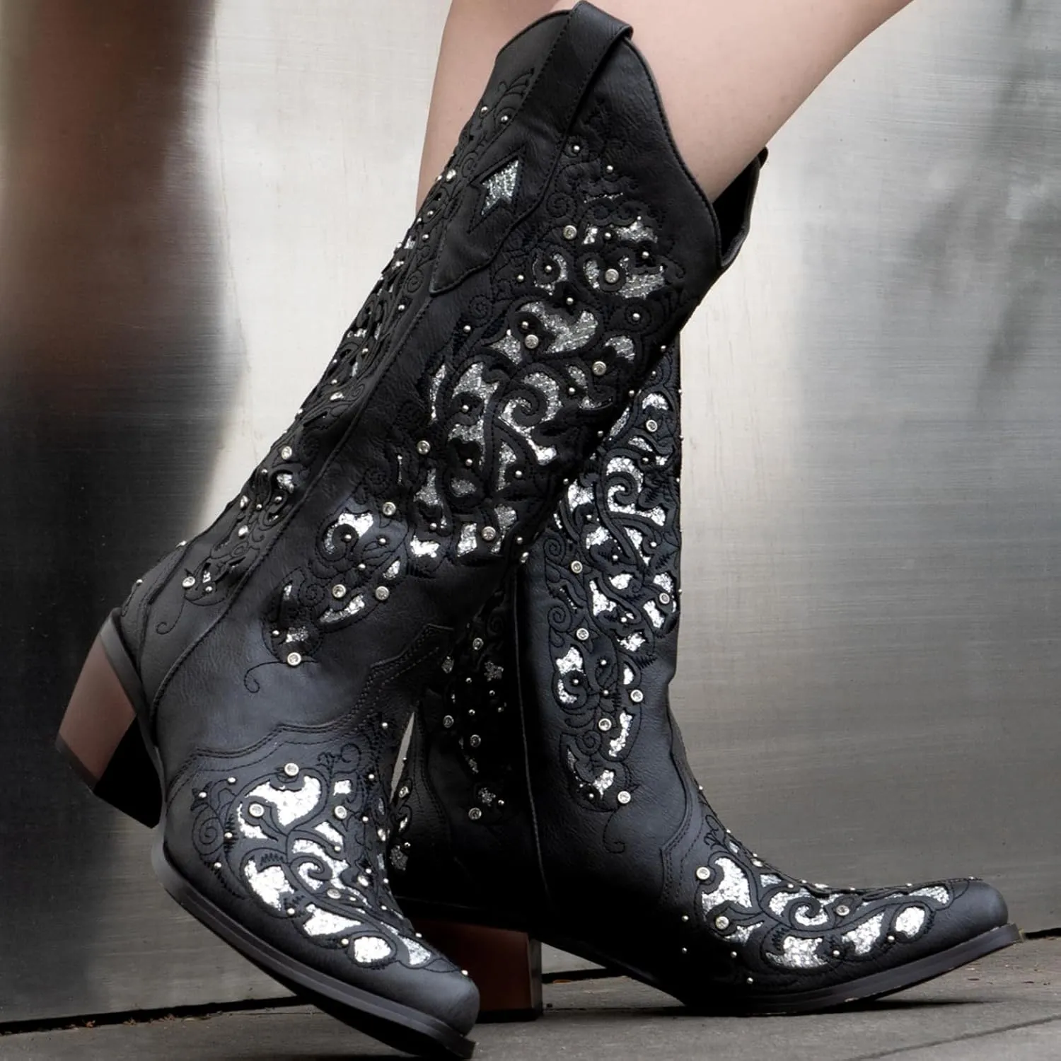 Huntarry Cowboy Boots for Women Western Square Toe Mid Calf White Cowgirl Boots Glitter Sparkle Rhinestone Chunky Wedding Shoes for Bride
