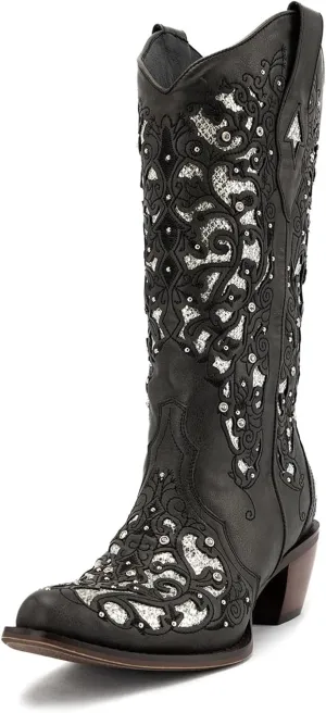 Huntarry Cowboy Boots for Women Western Square Toe Mid Calf White Cowgirl Boots Glitter Sparkle Rhinestone Chunky Wedding Shoes for Bride