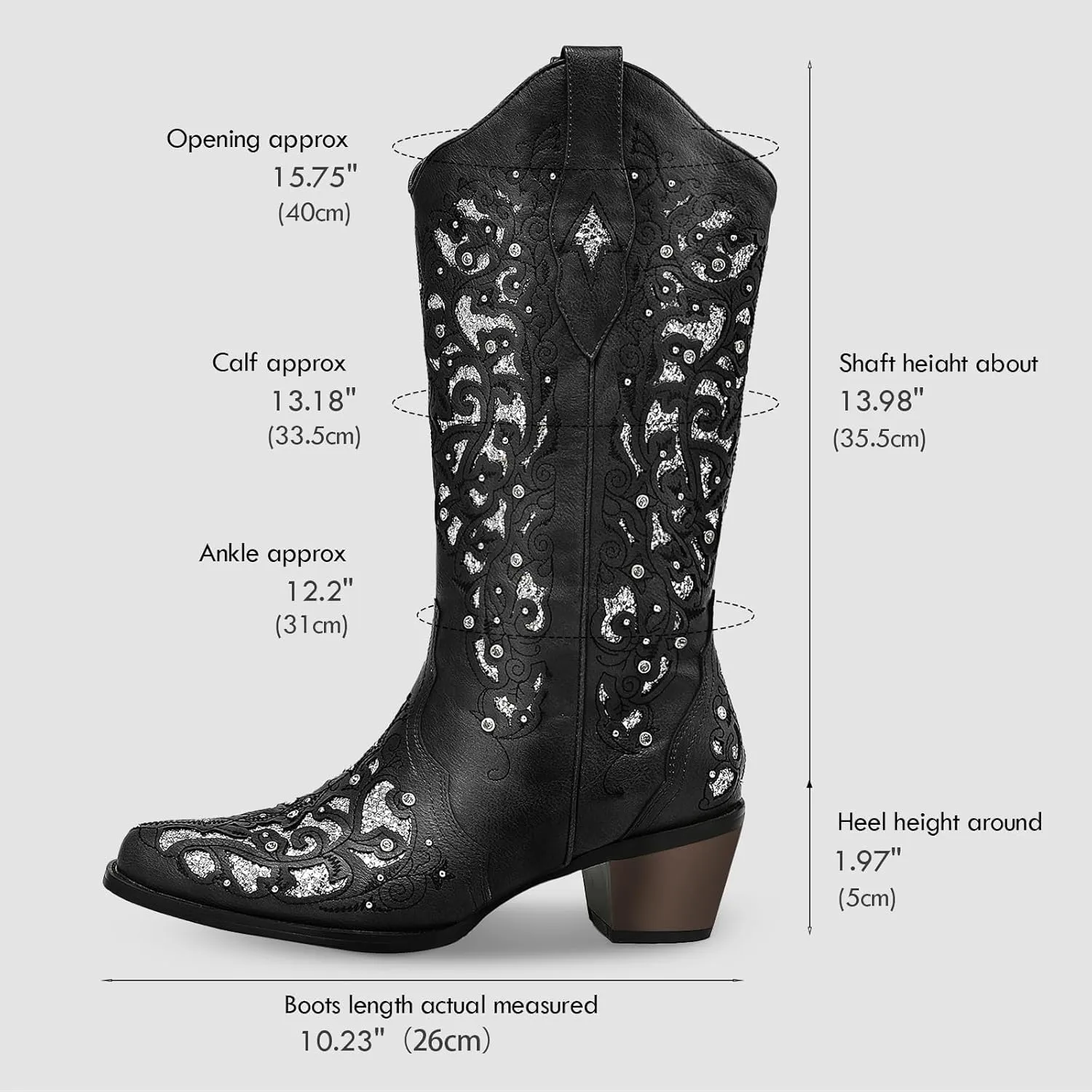 Huntarry Cowboy Boots for Women Western Square Toe Mid Calf White Cowgirl Boots Glitter Sparkle Rhinestone Chunky Wedding Shoes for Bride