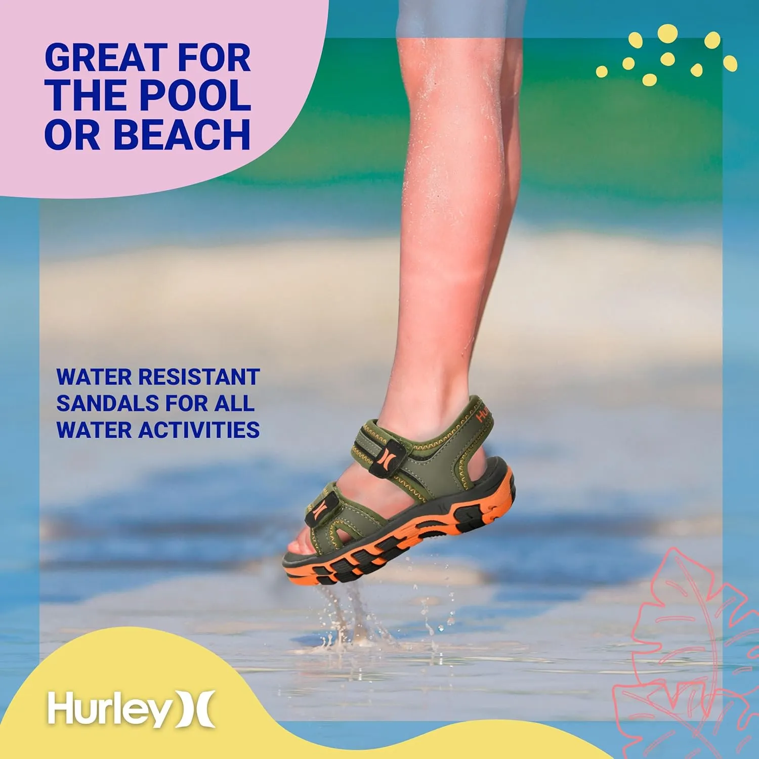 Hurley Loni Toddler Water Shoes, Beach Essentials, Girls and Boys Open Toe Sandals, Lightweight, Breathable and Two Adjustable Straps