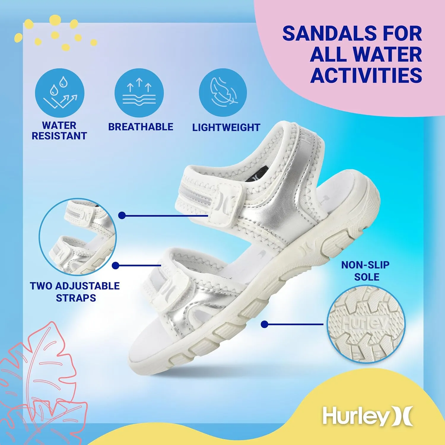 Hurley Loni Toddler Water Shoes, Beach Essentials, Girls and Boys Open Toe Sandals, Lightweight, Breathable and Two Adjustable Straps