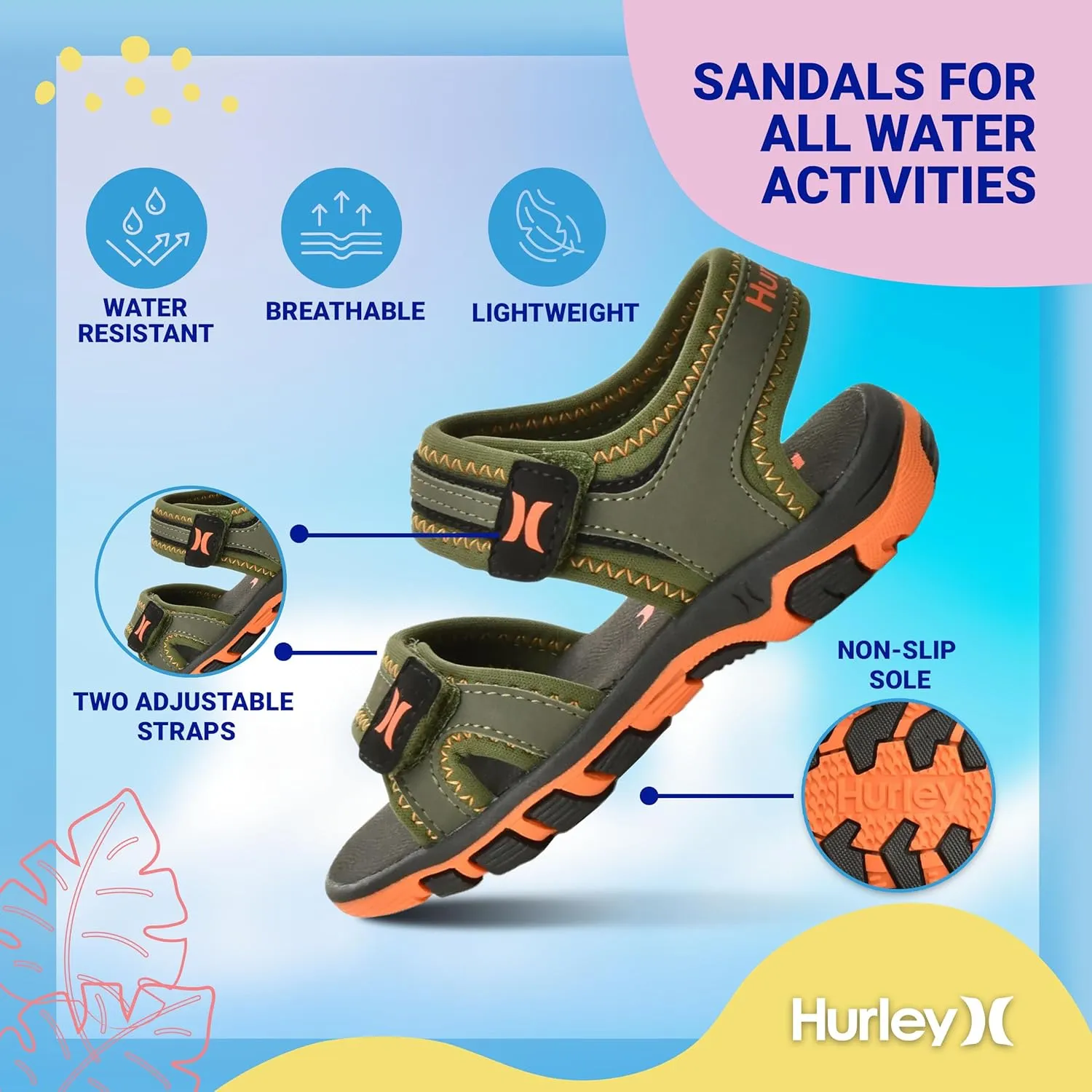 Hurley Loni Toddler Water Shoes, Beach Essentials, Girls and Boys Open Toe Sandals, Lightweight, Breathable and Two Adjustable Straps