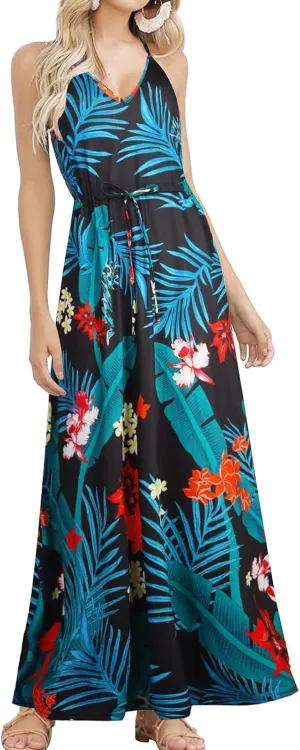 HUSKARY Womens Summer Sleeveless V Neck Spaghetti Strap Pockets Beach Boho Vacation Casual Spring Maxi Dress