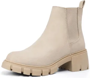 IDIFU IN2 Chelsea Ankle Boots for Women Low Block Chunky Women's Boots Round Toe Short Heeled Ankle Booties Fashion Cute Comfort Trendy Dress Booties Fall Lady Slip On Lug Sole Boots