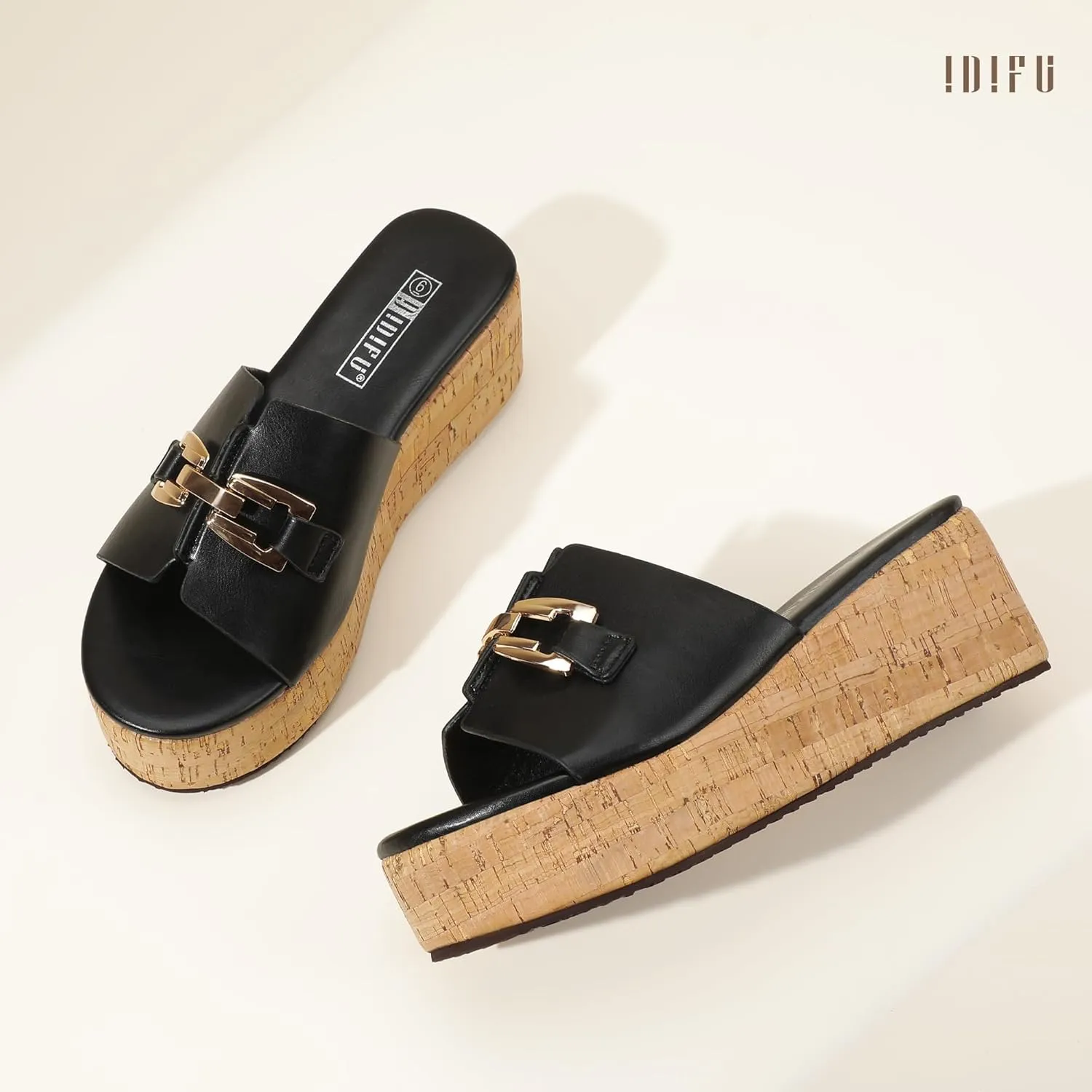 IDIFU IN2 Platform Sandals Open Toe Wedge Sandals for Women Dressy with Metal Chain Slip on Cute Summer Beach Chunky Slide Sandals Shoes Comfortable Fashion Casual Flatform Cork Wedges