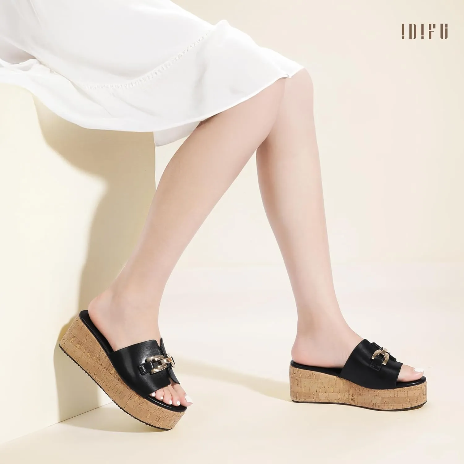 IDIFU IN2 Platform Sandals Open Toe Wedge Sandals for Women Dressy with Metal Chain Slip on Cute Summer Beach Chunky Slide Sandals Shoes Comfortable Fashion Casual Flatform Cork Wedges