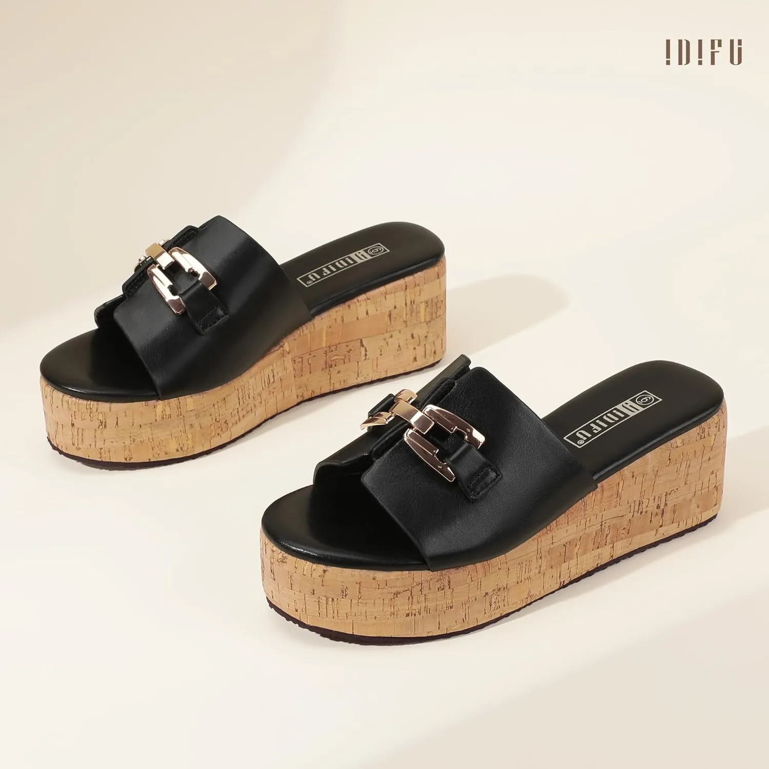 IDIFU IN2 Platform Sandals Open Toe Wedge Sandals for Women Dressy with Metal Chain Slip on Cute Summer Beach Chunky Slide Sandals Shoes Comfortable Fashion Casual Flatform Cork Wedges