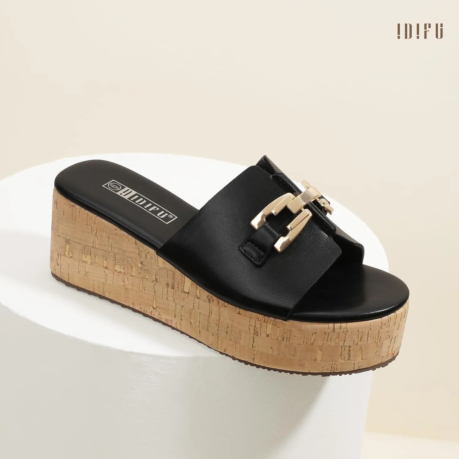 IDIFU IN2 Platform Sandals Open Toe Wedge Sandals for Women Dressy with Metal Chain Slip on Cute Summer Beach Chunky Slide Sandals Shoes Comfortable Fashion Casual Flatform Cork Wedges