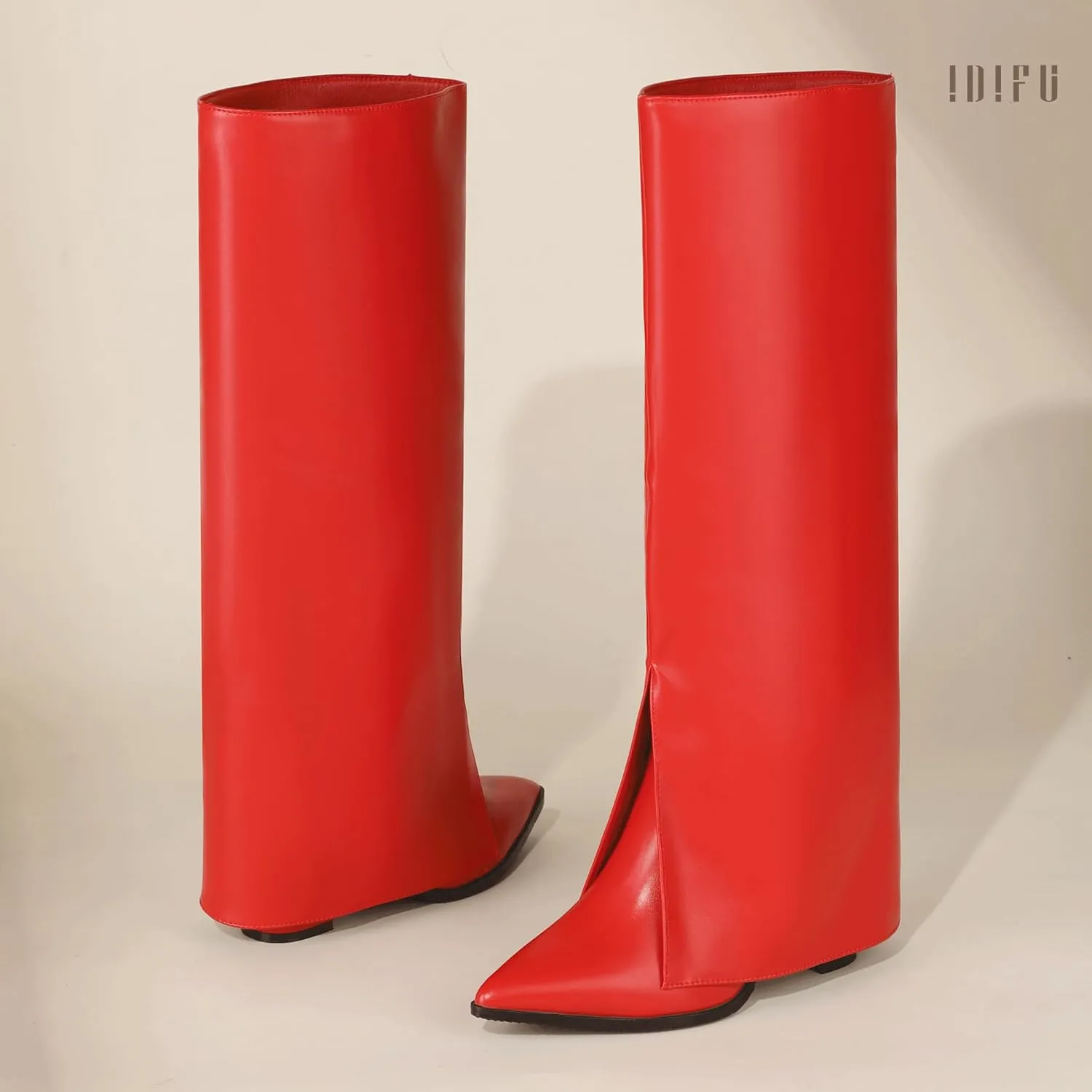 IDIFU Knee High Women Shark Boots Fold Over Tall High Chunky Heel Boots Pointed Toe Block Heeled Booties for Women Zip Up Dress Long Comfortable Cute Fashion Dressy Sexy Trendy Heel Booties Boots