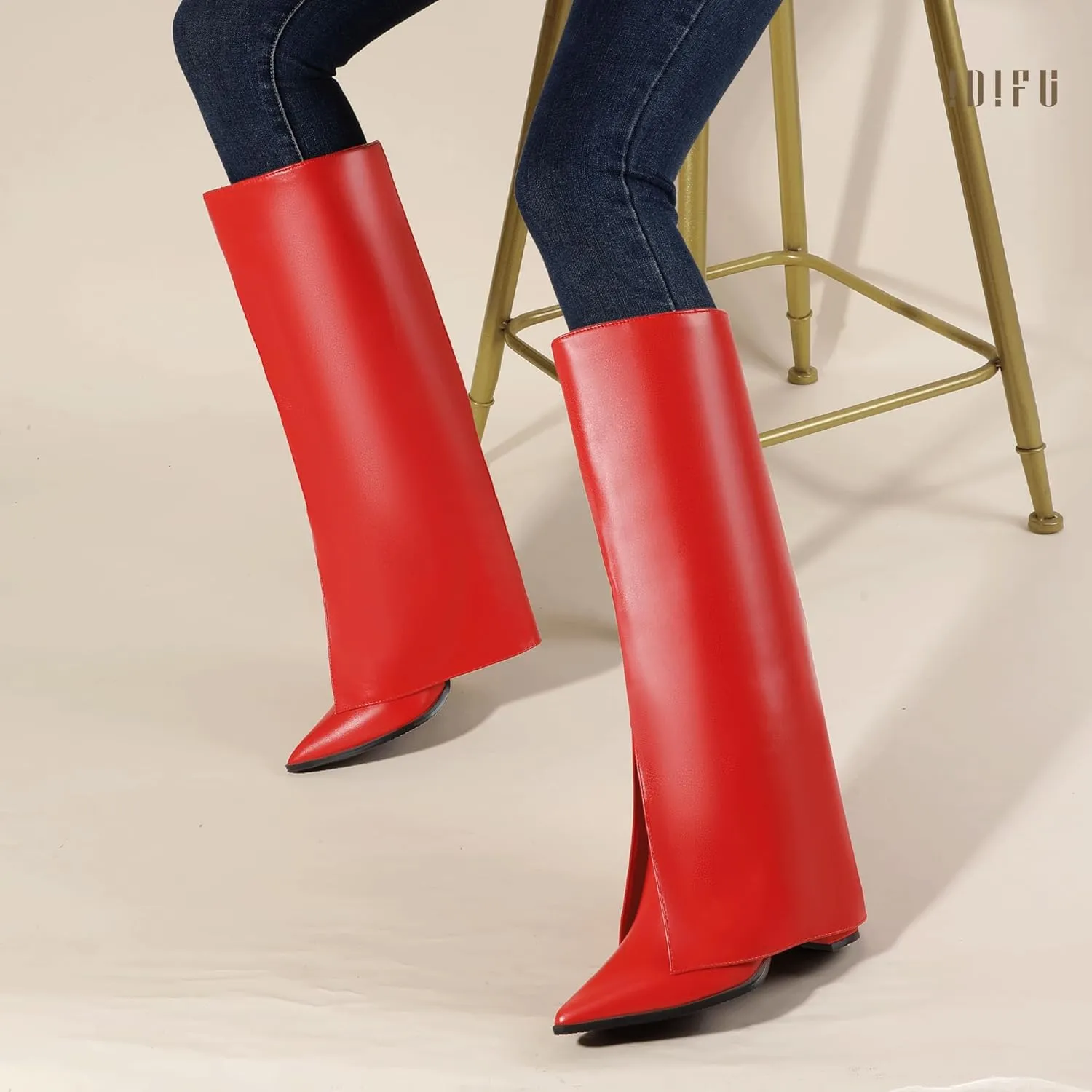 IDIFU Knee High Women Shark Boots Fold Over Tall High Chunky Heel Boots Pointed Toe Block Heeled Booties for Women Zip Up Dress Long Comfortable Cute Fashion Dressy Sexy Trendy Heel Booties Boots